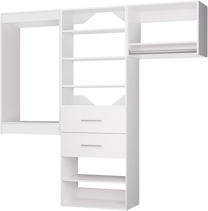 ROOMTEC Modular Closet System, 60" Wall Mounted Modern Closet Organizer with Hanging Rods and Drawers, Wooden Tower for Walk-In Closets, Wardrobe Storage Kit, White