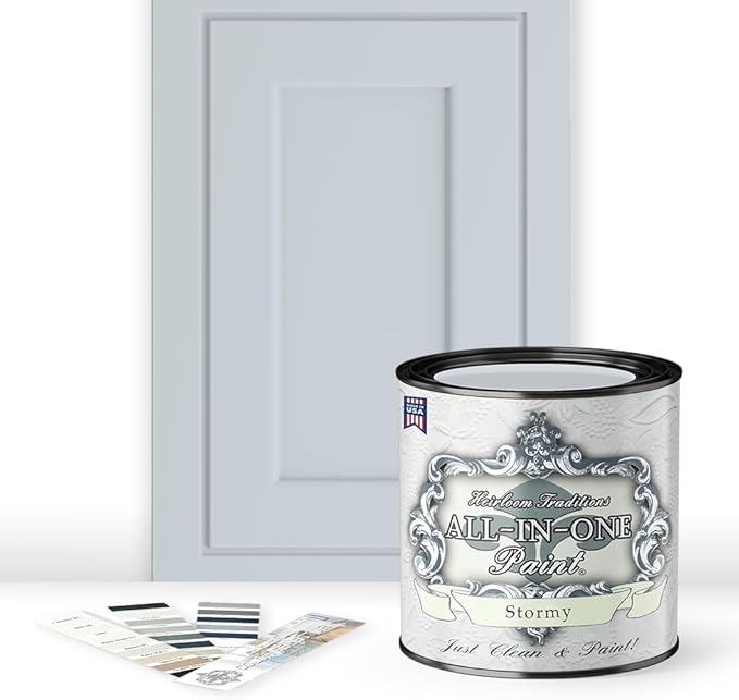 ALL-IN-ONE Paint, Durable cabinet and furniture paint. Built in primer and top coat, no sanding needed. Includes our 30 featured color card - Stormy (pastel blue), Quart