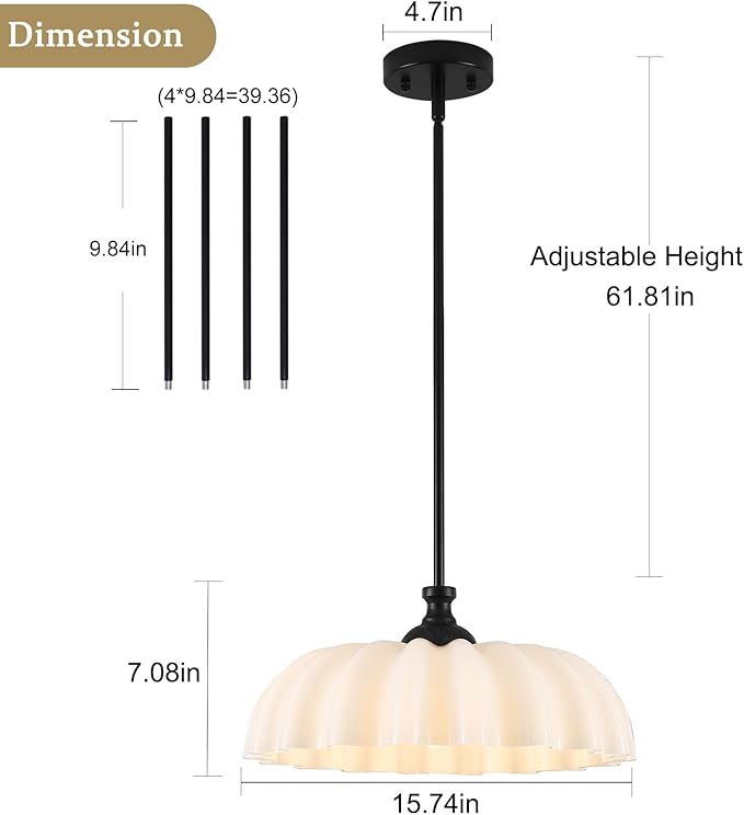 15.7" Vintage Modern Black Chandelier with Floral Milk White Glass Shades, Adjustable Height Pendant Light for Kitchen Island, Dining Room, Bedroom