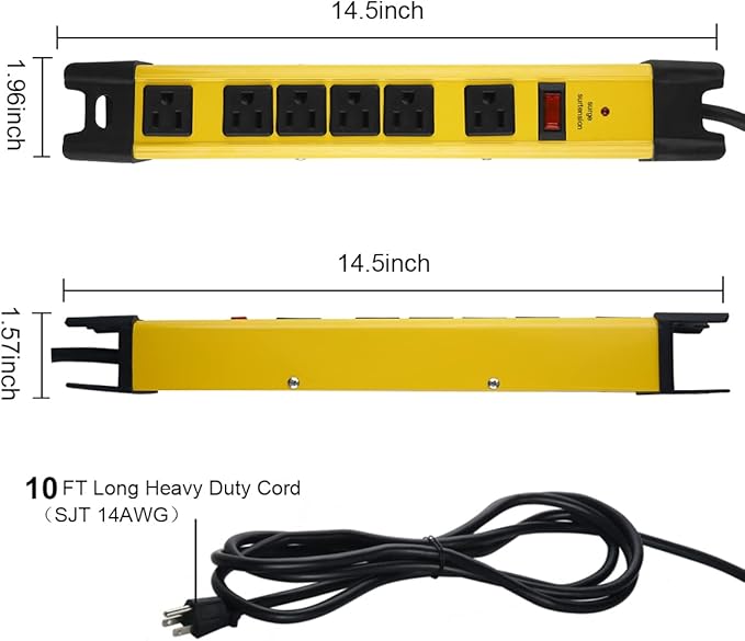 Heavy Duty Power Strip Surge Protector, 6 Outlet Industrial Power Strip with 15A, 10 FT Cord, 1200 Joules ETL Listed. Yellow