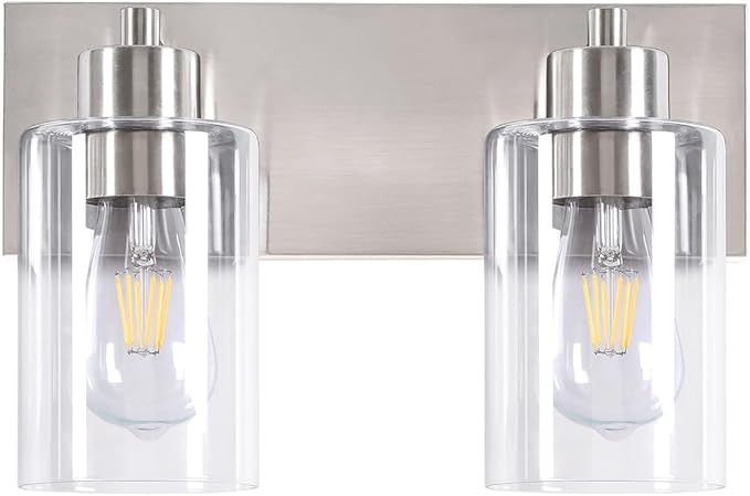 Bathroom Light Fixtures, 2-Light Brushed Nickel Bathroom Vanity Light, Modern Wall Sconces with Clear Glass Shade for Hallway Kitchen Foyer