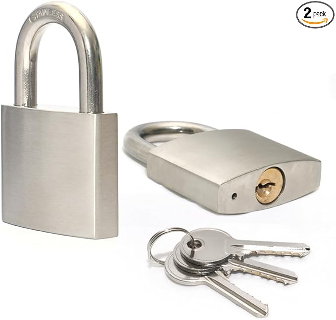 LanuBe 304 Stainless Steel Keyed Alike Padlocks for Outdoor use, Pin Tumbler Padlock, 2 inch Wide Body, Stainless Steel Body Normal Shackle, Pack of 2