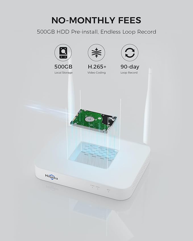 Hiseeu Solar Security Camera Outdoor,4MP Cameras,Wireless Home Security Cameras System,Color Night Vision,Solar-Powered, 2.4G/5G WiFi, 360° Pan & Tilt,500GB HDD,No Subscription