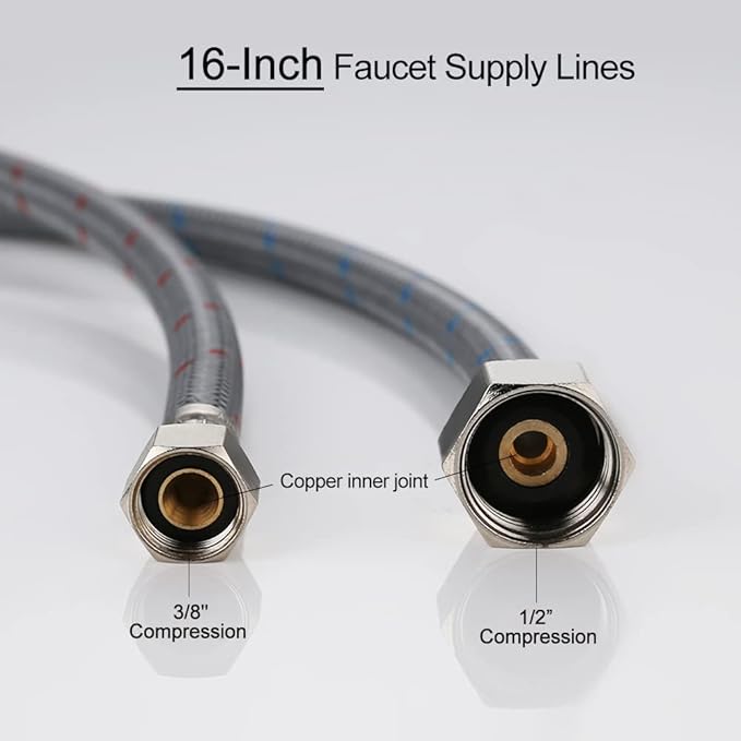 WOWOW 16 Inch Faucet Supply Hose Faucet Line Braided Nylon Sink Faucet Supply Line 3/8" Comp x 1/2" Comp 2Pcs (1 Pair)