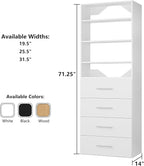 ROOMTEC Modular Closet System, 25.5" 4 Drawer Shelf Closet Tower Wall-Mounted Closet Organizer, Wooden Tower for Walk-In Closets, Wardrobe Storage Kit, White
