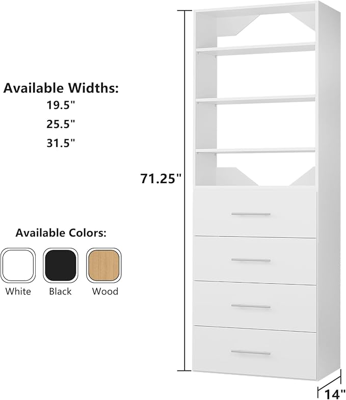ROOMTEC Modular Closet System, 25.5" 4 Drawer Shelf Closet Tower Wall-Mounted Closet Organizer, Wooden Tower for Walk-In Closets, Wardrobe Storage Kit, White