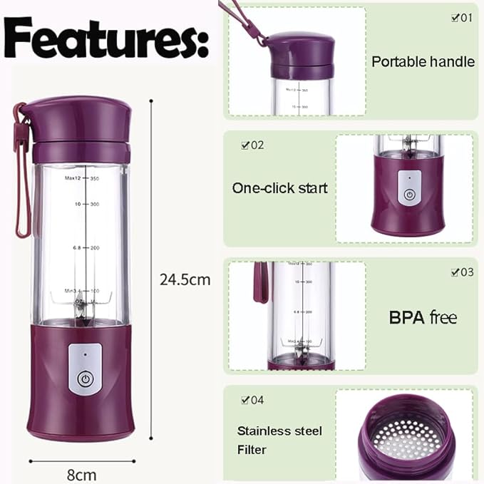 Personal Blender for Shakes and Smoothies, Portable Blender, Mini Small Juice Mixer machine for Kitchen, Office, Gym, 4000mAh,(Purple)