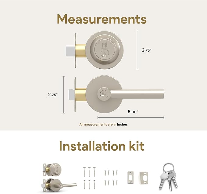 Mega Handles Ronn Entry Door Handle & Deadbolt Lock - 2 Pack Reversible Heavy Duty Brushed Nickel Door Handles & Deadbolt for Interior/Exterior Doors, Fits All Standard Doors - Satin Nickel