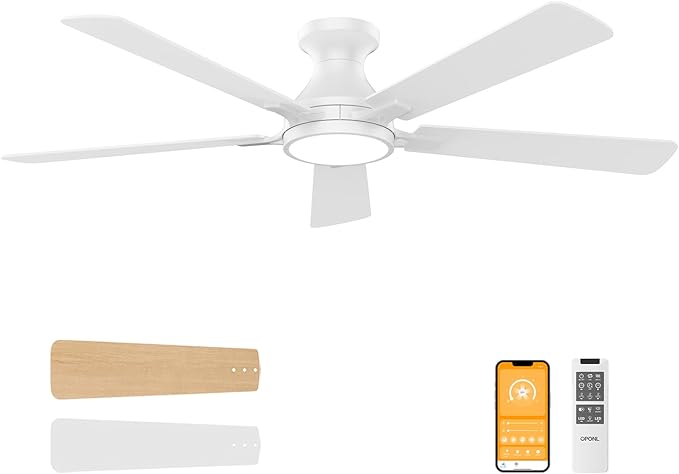 52 Inch White Ceiling Fan with Light with Remote Control, Large Air Volume, modern ceiling fan with light for Bedroom Kitchen Dining room Patio- Flush Mount