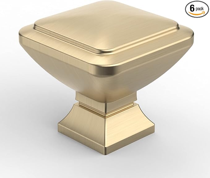 6 Pack 1.2 Inch Brushed Brass Cabinet Knobs Gold Drawer Knobs Square Kitchen Cabinet Knobs Zinc Cabinet Hardware Dresser Knobs Kitchen Knobs for Cabinets Gold Knobs for Cabinets