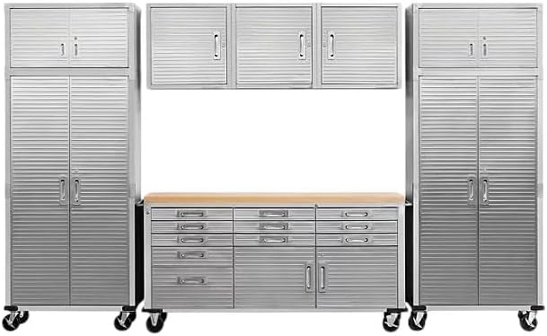 Heavy Duty 8-Piece Steel Garage Cabinet Storage Set with Rolling Workbench, 12 Feet Wide (Granite)