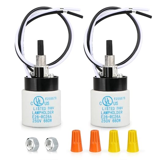 Helunsi E26 E27 Ceramic Lamp Socket with Rotary Knob Switch, Universal Replacement Porcelain ON OFF Turn Switch Light Bulb Socket, E26 Medium Base Lamp Holder with Threaded Nuts and Wire Lead - 2 Pack