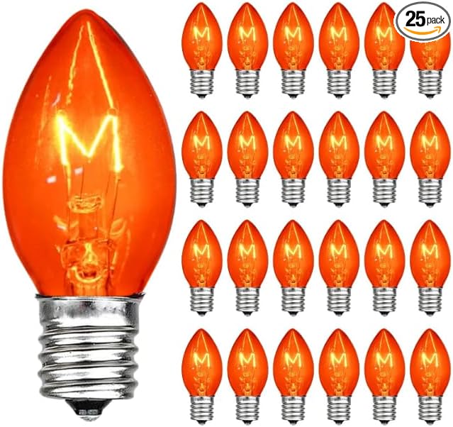25 Pack Christmas String Light Bulbs, C7 Clear Orange Light Replacement Bulbs for Christmas Lights Indoor, Orange Light Bulb fits E12 Base, 5W Incandescent Bulbs for Christmas Decorations Outdoor