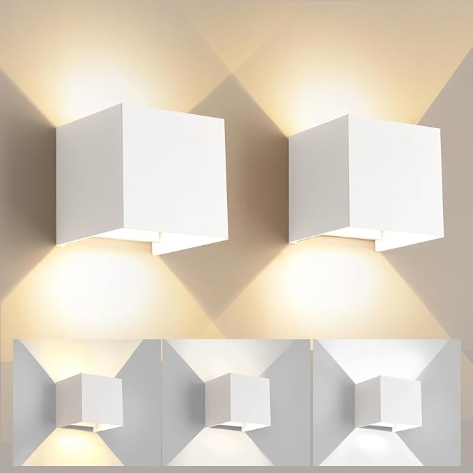 2 Pack LED 20W Outdoor Wall Lights Exterior/Interior 3 Colors Adjustable Wall Sconce Up and Down Light Porch Lights IP65 Waterproof Exterior Wall Sconce Modern Outdoor Lighting Square Aluminum White