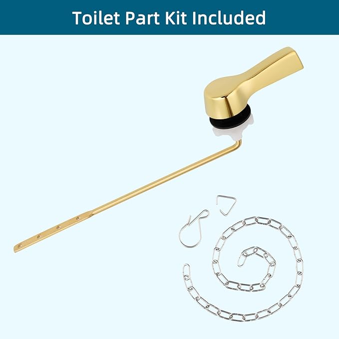 Hygie Rinse Metal Toilet Handle Lever Flush Replacement, Universal Front Mount Toilet Handle with Stainless Steel Flapper Chains, Toilet Repair Kit, Shiny Gold
