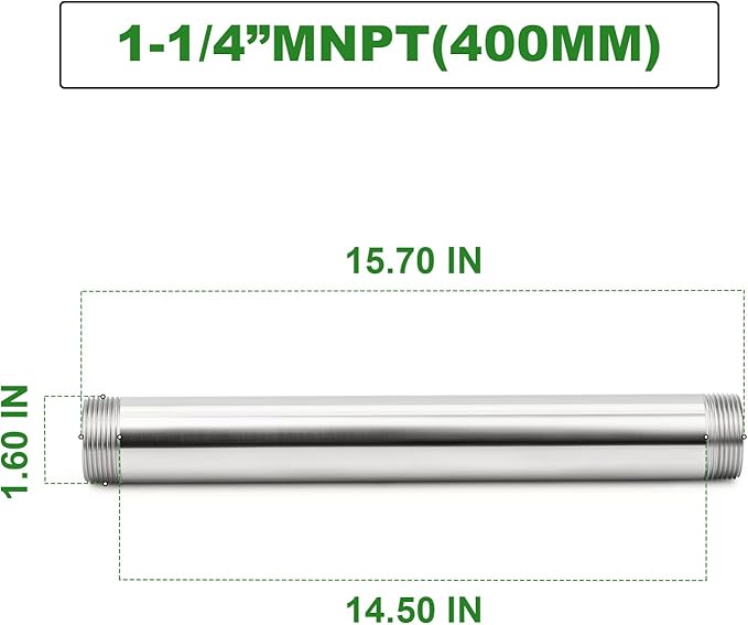 TAISHER 1PCS Stainless Steel Pipe Fittings, 1-1/4" NPT Male x 1-1/4" NPT Male Threaded, 16" Length Nipple Cast Pipe