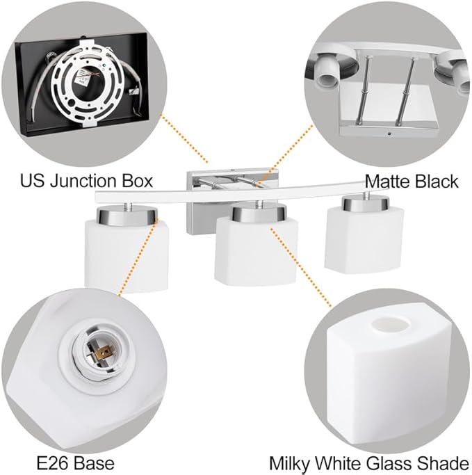 3-Light Bathroom Light Fixture Over Mirror, Modern Chrome Vanity Fixture with Milky Glass Shade, 23 inches Bath Light for Bath Vanity Lighting