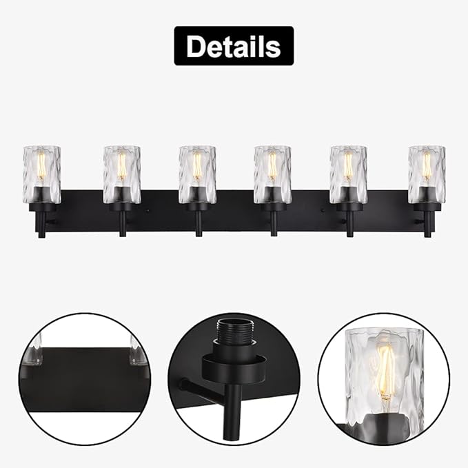 BONLICHT Transitional Bath Vanity Light Fixture 6 Light Black Wall Sconce Bathroom Lighting with Clear Hammered Glass, Industrial Farmhouse Metal Wall Mount Light for Kitchen Living Room Dining Room