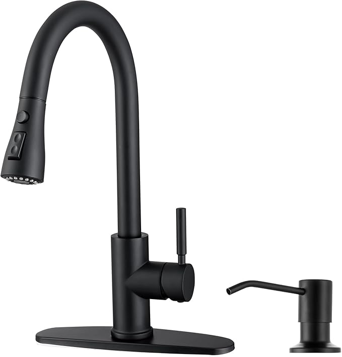 WEWE Black Kitchen Faucet with Soap Dispenser, Kitchen Sink Faucet with Pull Down Sprayer 3 Modes Stainless Steel Single Handle Single Hole Pull Out Matte Black Faucet for Bar Laundry RV Utility Sink