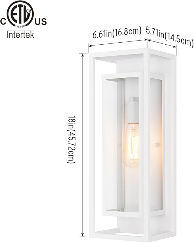mirrea 18" Classic Outdoor Wall Sconce 1 Light in Rectangular Metal Frame and Clear Glass Shade Waterproof Porch Light Patio Light Pack of 2 (Matte White)
