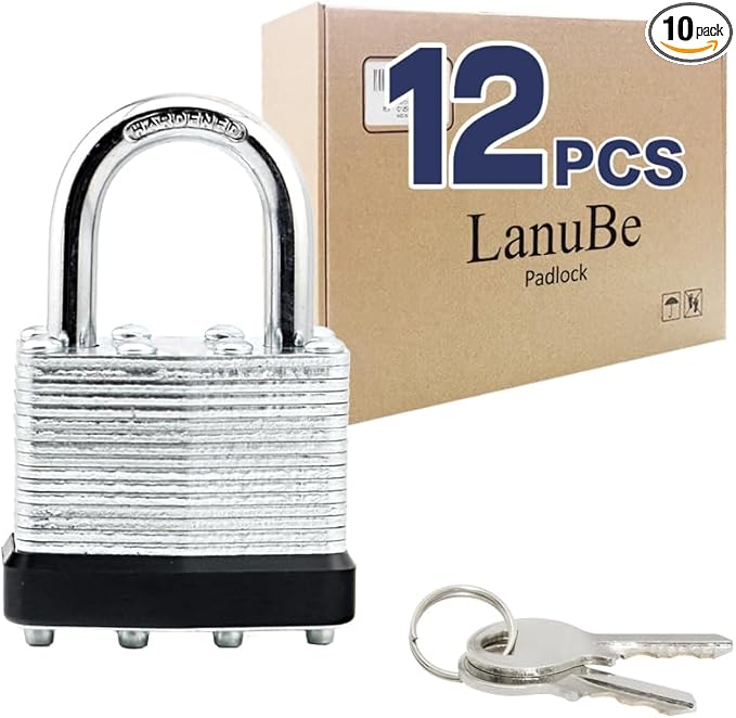 LanuBe Lock Laminated keyed Padlock (1-9/16", 40mm), keyed Alike Locks, Normal Shackle,Marked Black Plastic Hoop, Pack of 12…