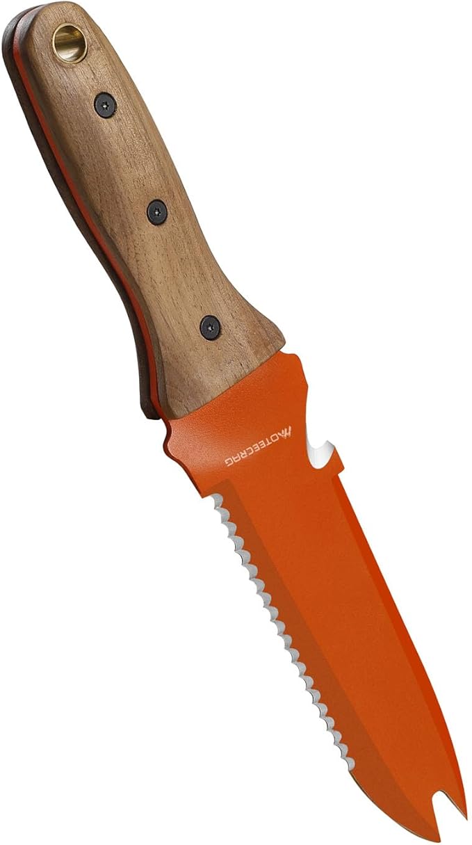 Hori Hori Garden Knife Orange Garden Multitool with Sheath for Weeding,Planting,Digging Stainless Steel Blade with Cutting Edge, Full-Tang walnut Wood Handle with Hanging Hole