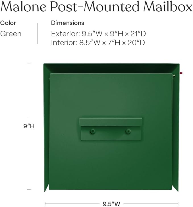 post & porch Malone Mailbox | Post Mounted Mailbox | Black/White/Gray/Brown/Red/Blue/Green, Regular or Large, Weatherproof Mail Box for Outside, Customizable (Green, Regular)