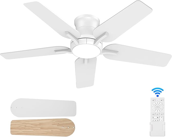 42 Inch White Ceiling Fans with Lights and Remote, Flush Mount Low Profile Ceiling Fan for Bedroom, Living Room, Patio, Dimmable 6 Speeds Noiseless Reversible, ETL Listed