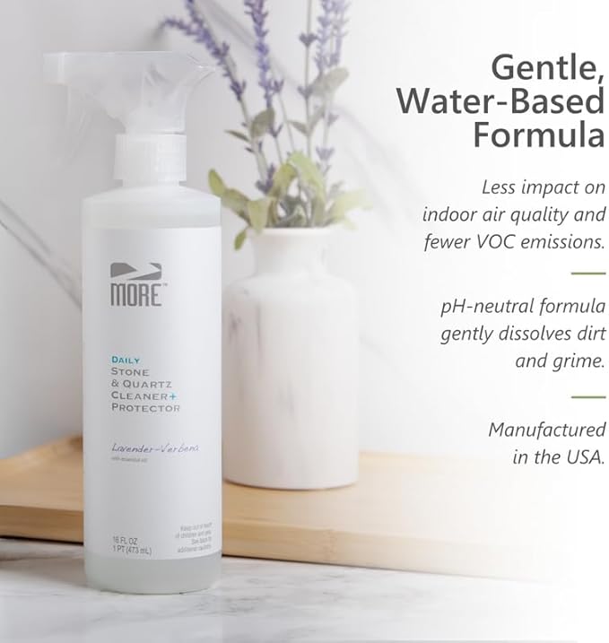 MORE Stone & Quartz Cleaner + Protector - Granite, Quartz & Marble Cleaner - For Kitchen & Bathroom Countertops - Water-Based Surface Spray - Lavender-Verbena Essential Oil - Pint (16oz)