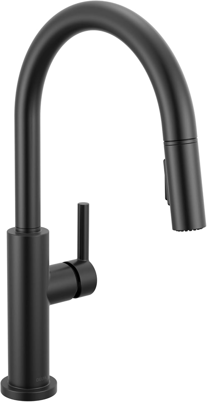 Delta Nicoli Matte Black Kitchen Faucet with Pull Down Sprayer, Bridge 3 Hole Modern Kitchen Sink Faucet, Two-Handle, Matte Black 19867LF-BL