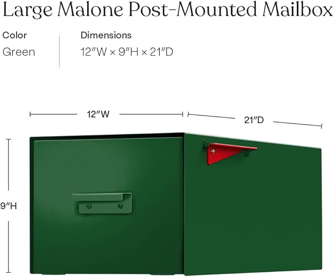 post & porch Malone Mailbox | Post Mounted Mailbox | Black/White/Gray/Brown/Red/Blue/Green, Regular or Large, Weatherproof Mail Box for Outside, Customizable (Green, Large)