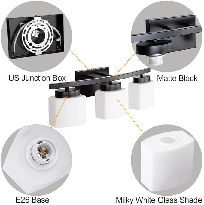3-Light Bathroom Vanity Light Fixture Over Mirror, Modern Matte Black Vanity Lights with Milky Glass Shade, 23 inches Vanity Lighting Fixtures for Bathroom Lighting