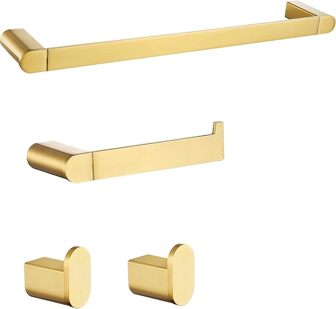 RANDOM Brushed Gold Bathroom Hardware Set Bathroom Towel Holder Set 4 Piece Include 18” Gold Towel Bar Toilet Paper Holder and 2 Towel Hooks Wall Mount Stainless Steel Brushed Gold Towel Bar Set