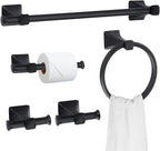 Matte Black Bathroom Hardware Set 5-Pieces, SUS304 Stainless Steel Bath Towel Bar Set Wall Mounted, Including Hand Towel Bar,Towel Ring, Toilet Paper Holder, 2Pcs Robe Towel Hook