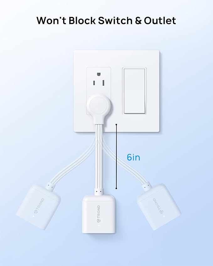 TROND Flat Outlet Extender with 6 Inch Cord for Upside Down Socket, Flat Plug Extension Outlet Splitter Adapter, Electrical 3 Way Wall Plug Extender for Cruise Travel Home Office Dorm Room, White