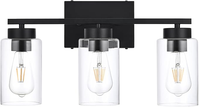 3-Light Bathroom Vanity Light, Modern Black Wall Lights with Clear Glass Shades, Bathroom Wall Sconce Lamp for Mirror Living Room Bedroom Hallway
