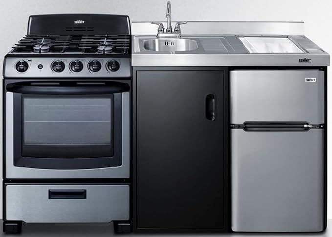 Summit 63" All-in-One Kitchenette with Gas Range, Refrigerator-Freezer, Sink, White - ACK63GASBSS