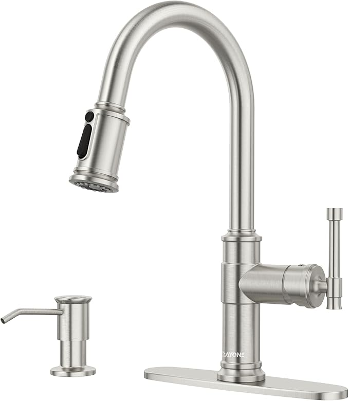 DAYONE Vintage Kitchen Faucet with Soap Dispenser, Single Handle High Arc Antique Pull Out Kitchen Sink Faucets with 3-Mode Pull Down Sprayer, APS136 (Standard, Brushed Nickel)