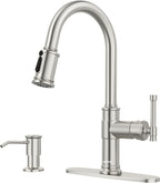 DAYONE Vintage Kitchen Faucet with Soap Dispenser, Single Handle High Arc Antique Pull Out Kitchen Sink Faucets with 3-Mode Pull Down Sprayer, APS136 (Standard, Brushed Nickel)