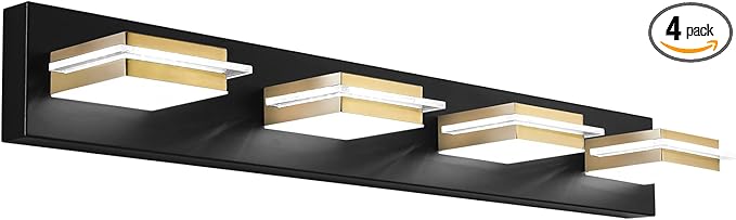 Black Vanity Light Fixture LED Dimmable Bathroom Lighting Fixture 4 Lights Bath Wall Sconces with Golden Metal Lampshade,White Light 3000K-6000K,3 Color