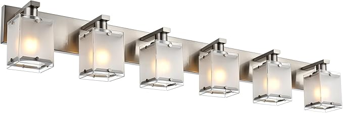 6-Lights Bathroom Vantiy Light Over Mirror, Modern Black Vanity Lighting Fixtures with Rectangular Frosted Glass Shades for Bath Kitchen Wall Mounted, E26 Bulb Base