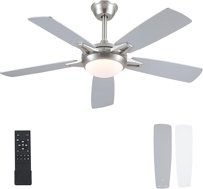 52 Inch Ceiling Fans with Lights and Remote, Modern Indoor Outdoor Ceiling Fan for Bedroom Living Room Patio Porch, 6 Speeds, Reversible Quiet Motor, Dual Finish Wooden Blades, Nickel