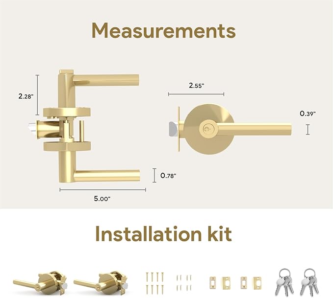Mega Handles Ronn Entrance Entry Lever Door Handle Heavy Duty Round Locking Lever Set for Left or Right-Handed Doors, Interior/Exterior Door Levers - Satin Brass (2 Pack) Keyed Alike