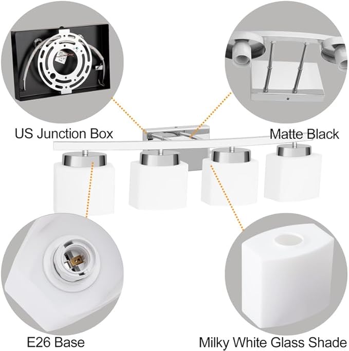 4-Light Modern Chrome Vanity Light Fixture with White Glass Shade for Bathroom Over Mirror, 31.5 Inches
