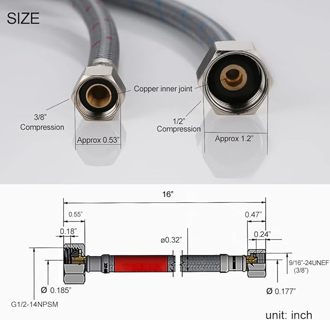 WOWOW 16 Inch Faucet Supply Hose Faucet Line Braided Nylon Sink Faucet Supply Line 3/8" Comp x 1/2" Comp 2Pcs (1 Pair)