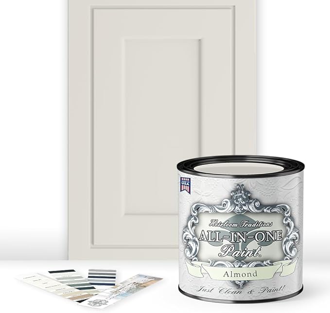 ALL-IN-ONE Paint, Durable cabinet and furniture paint. Built in primer and top coat, no sanding needed. Includes our 30 featured color card - Almond (off white with tan undertone), Quart