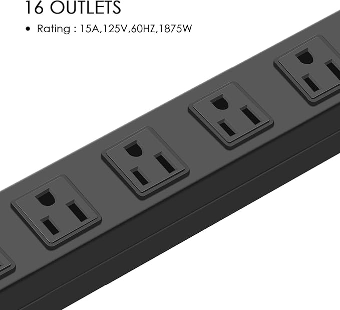 HHSOET Metal Wall Mount Power Strip, Mountable Power Outlet, Aluminum Alloy Mount Power Socket with Switch, 10 FT SJT 3/C 14AWG Power Cord, 15A 125V 1875W (16 Outlet) Black