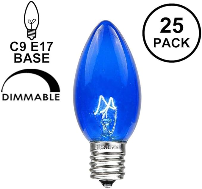 Novelty Lights Incandescent Christmas Replacement Bulbs - Indoor/Outdoor Individual Bulbs for Christmas Tree, Display, & More - C9/E17 Intermediate Base, 7 Watt Lights (Blue, 25 Pack)