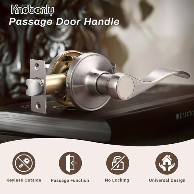 Knobonly 6 Pack Satin Nickel Pasage Door Levers Interior Door Handles for Hallyway andCloset Door Knobs Keyless Nickel Door Handles with Lock, Zinc Alloy Reversible for Right/Left