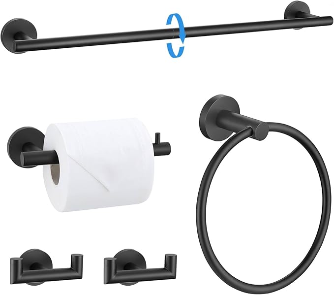 TNOMS 5 Pieces Towel Bar Set Matte Black Bathroom Accessories Set SUS304 Stainless Steel Towel Holder Set for Bathroom,Wall Mounted 23.6 Inch Bathroom Hardware Set